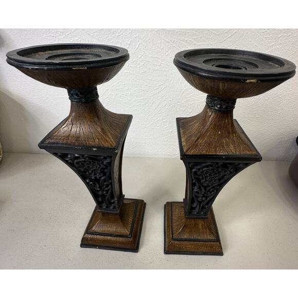 Set 2 Rustic Resin Dark Wood Pattern Pillar Candle Holders 11 Inch Ornate Metal - Picture 7 of 14